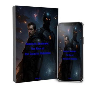 May include: A canvas print and a smartphone display the same sci-fi artwork. The image features two figures in dark attire against a space battle backdrop. The text "Quantum Shadows: The Rise of the Galactic Rebellion" is visible.