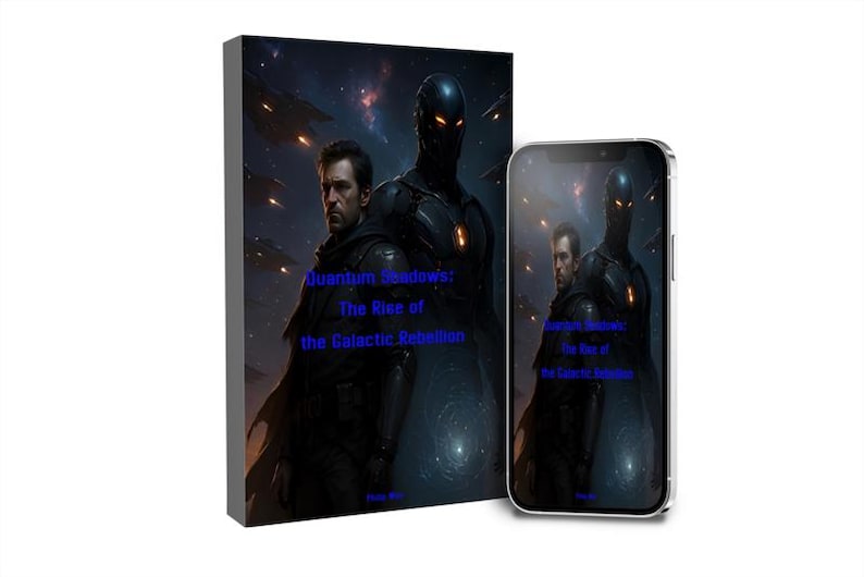 May include: A canvas print and a smartphone display the same sci-fi artwork. The image features two figures in dark attire against a space battle backdrop. The text "Quantum Shadows: The Rise of the Galactic Rebellion" is visible.