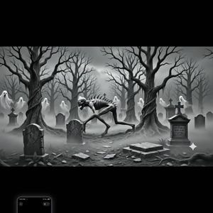 May include: A black and white digital illustration of a graveyard scene featuring a central skeletal creature with a hunched posture, surrounded by multiple tombstones, bare gnarled trees, and several translucent ghost figures floating in the background.