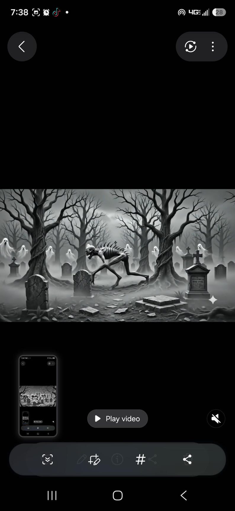 May include: A black and white digital illustration of a graveyard scene featuring a central skeletal creature with a hunched posture, surrounded by multiple tombstones, bare gnarled trees, and several translucent ghost figures floating in the background.
