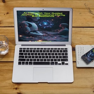 May include: A laptop displaying the text "AI Therapist: Your Guided Journey to Emotional Clarity and Resilience" sits on a wooden surface. Beside it are a glass of water, a smartphone, and a notebook.