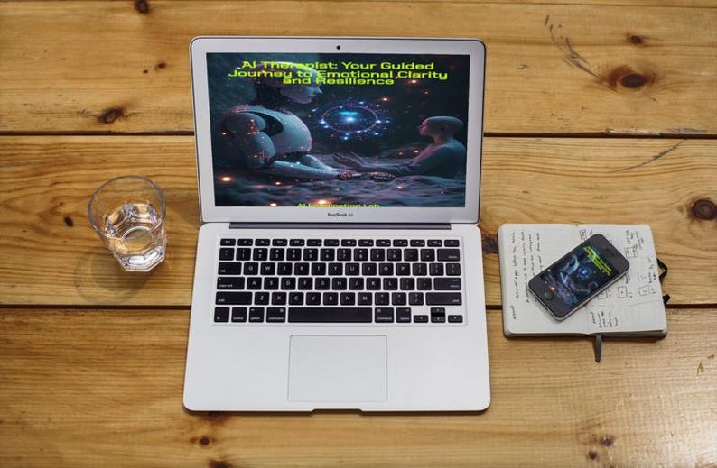 May include: A laptop displaying the text "AI Therapist: Your Guided Journey to Emotional Clarity and Resilience" sits on a wooden surface. Beside it are a glass of water, a smartphone, and a notebook.
