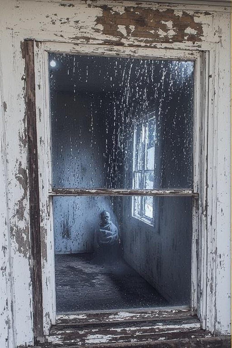 May include: An aged, weathered window frame with peeling white paint. The window reveals a dimly lit interior with a figure seated inside. The glass is streaked, obscuring the view. The overall scene evokes a sense of abandonment and mystery.