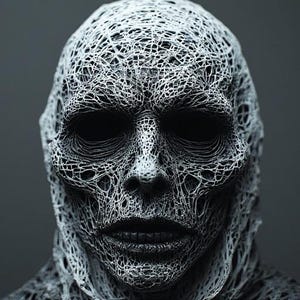 May include: A close-up, grayscale image of a human-like form with a face and head covered in a complex, web-like pattern. The eyes are dark voids, and the mouth is slightly open. The overall effect is unsettling and artistic.