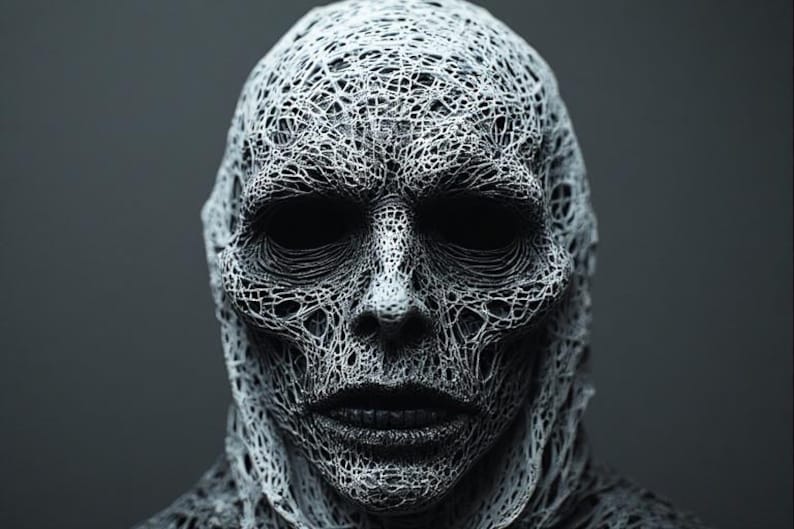 May include: A close-up, grayscale image of a human-like form with a face and head covered in a complex, web-like pattern. The eyes are dark voids, and the mouth is slightly open. The overall effect is unsettling and artistic.