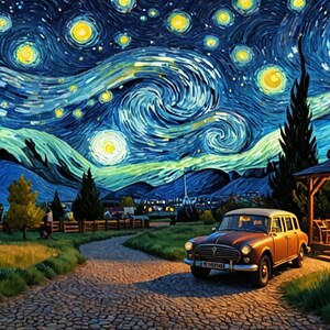 Pu&ograve; includere: Un'auto d'epoca parcheggiata davanti a una casa rossa con un portico. Il cielo &egrave; blu e giallo vorticoso con stelle. La scena ricorda il dipinto di Vincent van Gogh "La notte stellata".