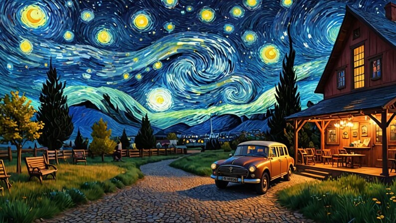 Pu&ograve; includere: Un'auto d'epoca parcheggiata davanti a una casa rossa con un portico. Il cielo &egrave; blu e giallo vorticoso con stelle. La scena ricorda il dipinto di Vincent van Gogh "La notte stellata".