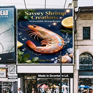 May include: A large billboard displays a seafood recipe book cover, "Savory Shrimp Creations," with a vibrant image of a cooked shrimp, lemon slices, and garlic. The sign is above a storefront in a city setting.