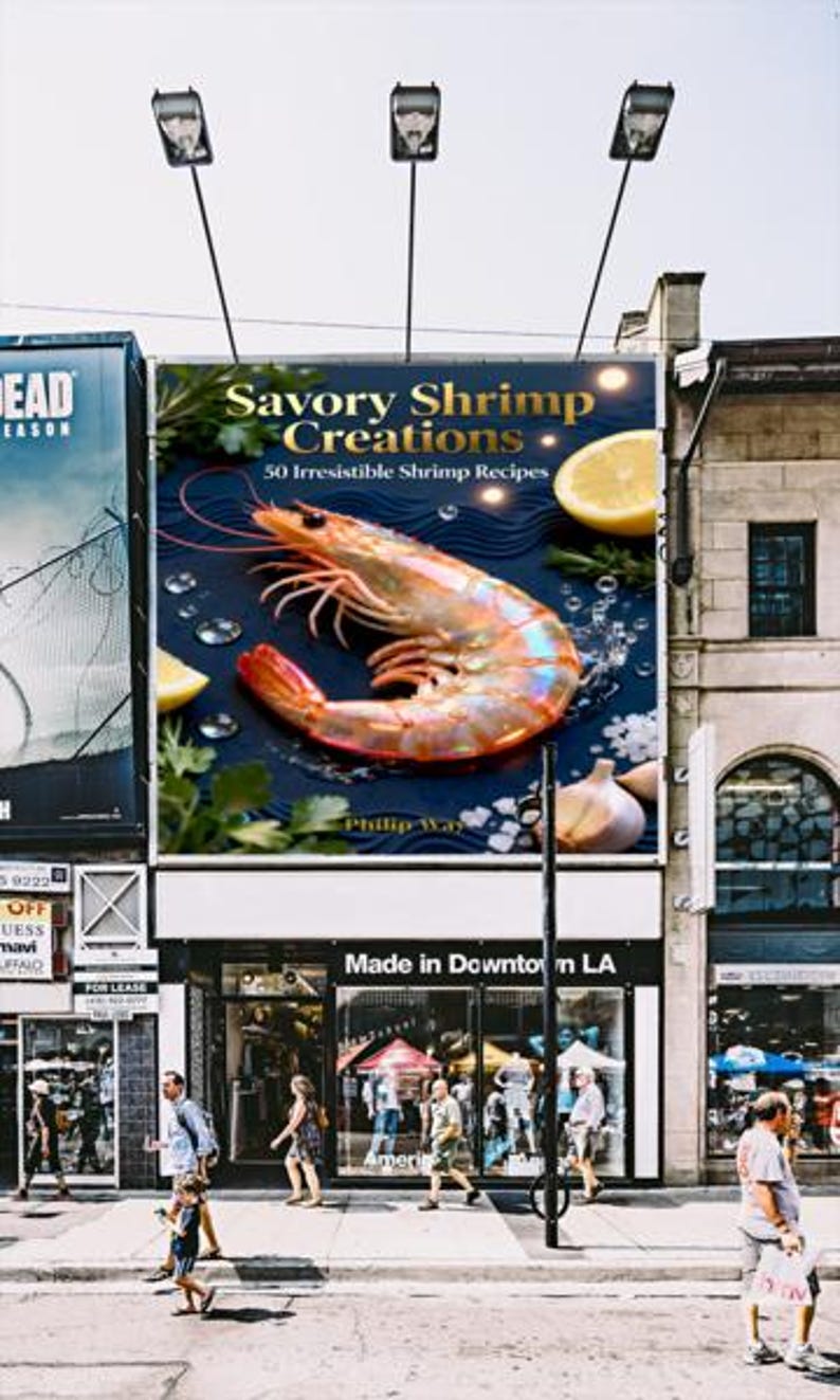 May include: A large billboard displays a seafood recipe book cover, "Savory Shrimp Creations," with a vibrant image of a cooked shrimp, lemon slices, and garlic. The sign is above a storefront in a city setting.