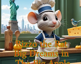 Könnte beinhalten: Cartoon-Illustration einer grauen Maus als Koch mit weißer Schürze und Kochmütze, die einen Teller mit Käse hält. Der Text "Rizzo the Rat Big Dreams in The Big Apple" ist zu sehen. Die Freiheitsstatue ist im Hintergrund sichtbar.