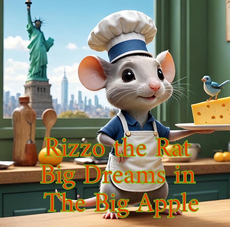 Op de afbeelding: Een cartoon illustratie van een grijze muis kok met een wit schort en koksmuts, die een bord met kaas vasthoudt. De tekst "Rizzo the Rat Big Dreams in The Big Apple" wordt weergegeven. Het Vrijheidsbeeld is zichtbaar op de achtergrond.