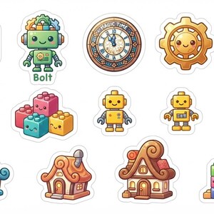 Puede incluir: Una colecci&oacute;n de pegatinas que incluye un ladrillo rojo, un robot verde con la etiqueta Bolt, un reloj con el texto Magic Time, un engranaje dorado, un robot azul, bloques de colores, dos robots amarillos, una luna creciente, tres casas y un arco.