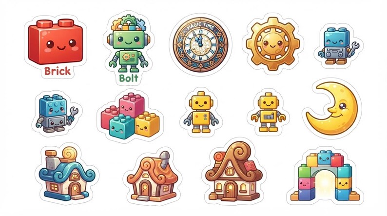Puede incluir: Una colecci&oacute;n de pegatinas que incluye un ladrillo rojo, un robot verde con la etiqueta Bolt, un reloj con el texto Magic Time, un engranaje dorado, un robot azul, bloques de colores, dos robots amarillos, una luna creciente, tres casas y un arco.