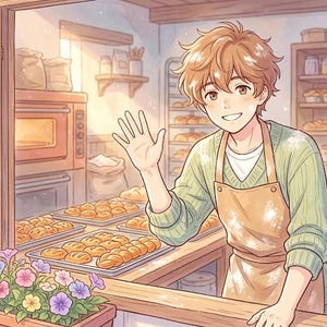 Peut inclure: Une illustration de style anime montrant une personne aux cheveux ch&acirc;tain clair, v&ecirc;tue d'un pull vert clair et d'un tablier beige, faisant signe depuis la fen&ecirc;tre d'une boulangerie. Des plateaux de viennoiseries dor&eacute;es sont pos&eacute;s sur un comptoir.