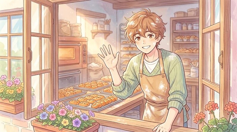 Peut inclure: Une illustration de style anime montrant une personne aux cheveux ch&acirc;tain clair, v&ecirc;tue d'un pull vert clair et d'un tablier beige, faisant signe depuis la fen&ecirc;tre d'une boulangerie. Des plateaux de viennoiseries dor&eacute;es sont pos&eacute;s sur un comptoir.