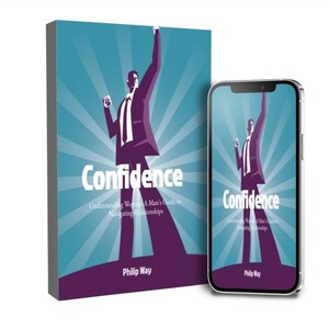 May include: A book and a smartphone display the cover art for "Confidence." The cover features a purple silhouette of a person in a suit with an arm raised against a blue background with radiating white lines. The title "Confidence" is in white.