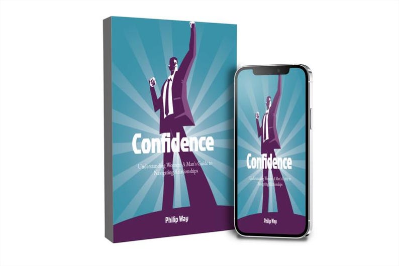 May include: A book and a smartphone display the cover art for "Confidence." The cover features a purple silhouette of a person in a suit with an arm raised against a blue background with radiating white lines. The title "Confidence" is in white.