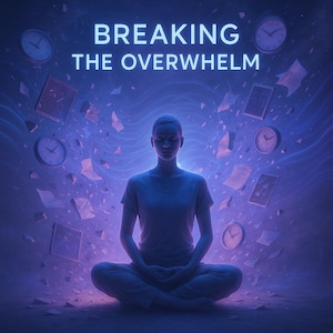 May include: A person sits in a meditative pose with their eyes closed, surrounded by swirling blue and purple energy. The text "BREAKING THE OVERWHELM" is written in white letters at the top of the image.