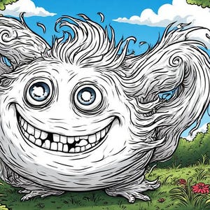 Op de afbeelding: Een cartoon illustratie van een lachend, wit wezen met grote ogen en golvend haar. De sc&egrave;ne speelt zich af in de buitenlucht met groen gras, rode bloemen en een blauwe lucht met wolken. De stijl doet denken aan een kinderboekillustratie.