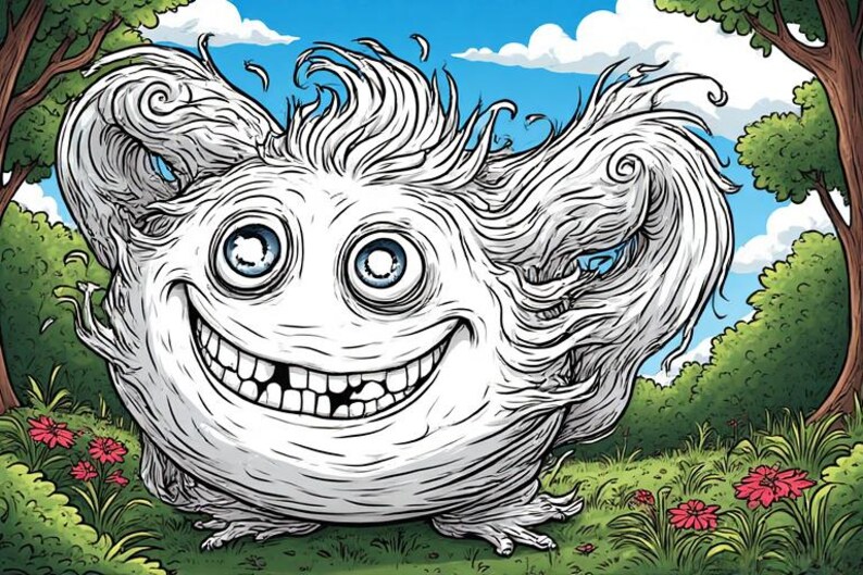 Op de afbeelding: Een cartoon illustratie van een lachend, wit wezen met grote ogen en golvend haar. De sc&egrave;ne speelt zich af in de buitenlucht met groen gras, rode bloemen en een blauwe lucht met wolken. De stijl doet denken aan een kinderboekillustratie.