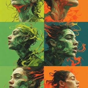 May include: A digital art collage featuring six portraits of a person with a green and orange color scheme. The portraits are in a grid, each showing a side profile or a three-quarter view of the face. The artwork has a surreal, abstract style.