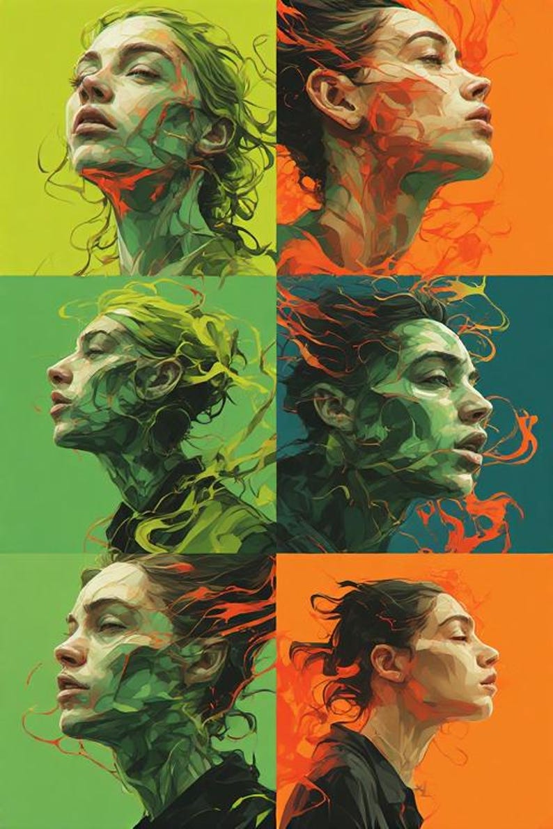 May include: A digital art collage featuring six portraits of a person with a green and orange color scheme. The portraits are in a grid, each showing a side profile or a three-quarter view of the face. The artwork has a surreal, abstract style.
