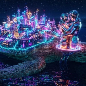May include: A giant sea turtle carries a glowing neon city on its shell, with two metallic figures embracing on a circular platform near the turtle's head, all set against a dark starry night sky over a calm, reflective ocean surface.