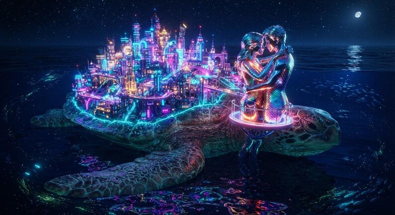 May include: A giant sea turtle carries a glowing neon city on its shell, with two metallic figures embracing on a circular platform near the turtle's head, all set against a dark starry night sky over a calm, reflective ocean surface.