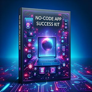 May include: A book cover with the title "NO-CODE APP SUCCESS KIT" in white text. The cover features a laptop with a globe on the screen, surrounded by neon-colored circuit board elements. The spine reads "NO-CODE APP SUCCESS KIT".