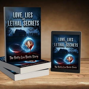 K&ouml;nnte beinhalten: B&uuml;cher und ein Tablet zeigen das Cover von "Love, Lies and Lethal Secrets: The Betty Lou Beets Story". Das Cover zeigt ein Spukhaus, Silhouetten und ein Frauenportr&auml;t in einem leuchtenden Medaillon.