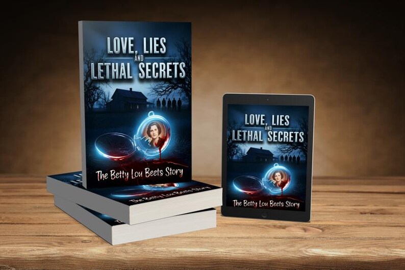 K&ouml;nnte beinhalten: B&uuml;cher und ein Tablet zeigen das Cover von "Love, Lies and Lethal Secrets: The Betty Lou Beets Story". Das Cover zeigt ein Spukhaus, Silhouetten und ein Frauenportr&auml;t in einem leuchtenden Medaillon.