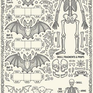 May include: A black and white Halloween papercraft sheet titled HALLOWEEN PAPERCRAFT: BATS & SKELETONS. It features templates for three bats with fold and glue tabs, an articulated skeleton, skull fragments, and step-by-step assembly instructions.