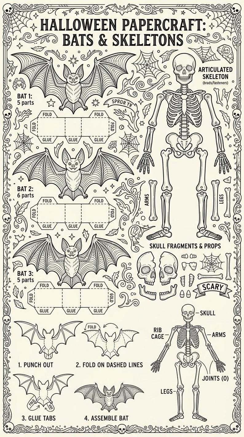 May include: A black and white Halloween papercraft sheet titled HALLOWEEN PAPERCRAFT: BATS & SKELETONS. It features templates for three bats with fold and glue tabs, an articulated skeleton, skull fragments, and step-by-step assembly instructions.