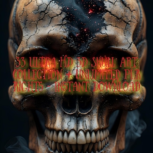 Op de afbeelding: Gedetailleerde digitale kunst van een schedel met een gebarsten, getextureerd oppervlak. De ogen gloeien rood en er komt rook uit de bovenkant. Tekst luidt: "33 ULTRA HD 3D SKULL ART COLLECTION & UNLIMITED PLR RIGHTS - INSTANT DOWNLOAD."