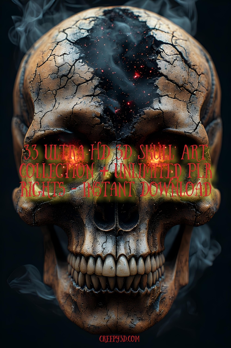 K&ouml;nnte beinhalten: Detaillierte digitale Kunst eines Sch&auml;dels mit rissiger, strukturierter Oberfl&auml;che. Die Augen leuchten rot, und Rauch geht von oben aus. Text lautet: "33 ULTRA HD 3D SKULL ART COLLECTION & UNLIMITED PLR RIGHTS - INSTANT DOWNLOAD."
