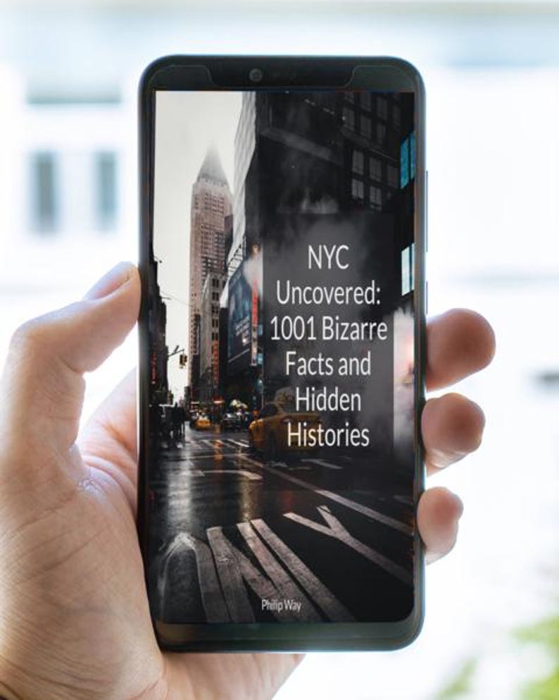 May include: A smartphone displays a book cover with a New York City street scene. The book title reads "NYC Uncovered: 1001 Bizarre Facts and Hidden Histories" by Philip Way. The image shows a wet street with yellow cabs.