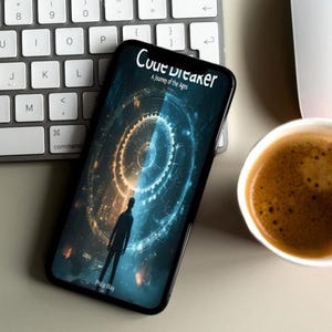 May include: A smartphone displaying the "Code Breaker" app, with a silhouette of a person in front of a glowing clock design. A cup of coffee and a white keyboard and mouse are also in the image.