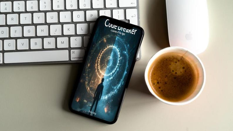 May include: A smartphone displaying the "Code Breaker" app, with a silhouette of a person in front of a glowing clock design. A cup of coffee and a white keyboard and mouse are also in the image.