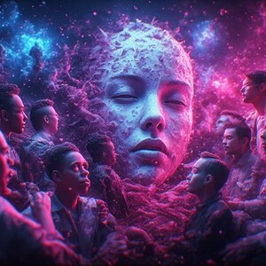 May include: A digital art piece featuring a large, serene face surrounded by a nebula of pink and blue hues. Several individuals are positioned around the face, gazing upwards. The artwork evokes a sense of wonder and cosmic connection.
