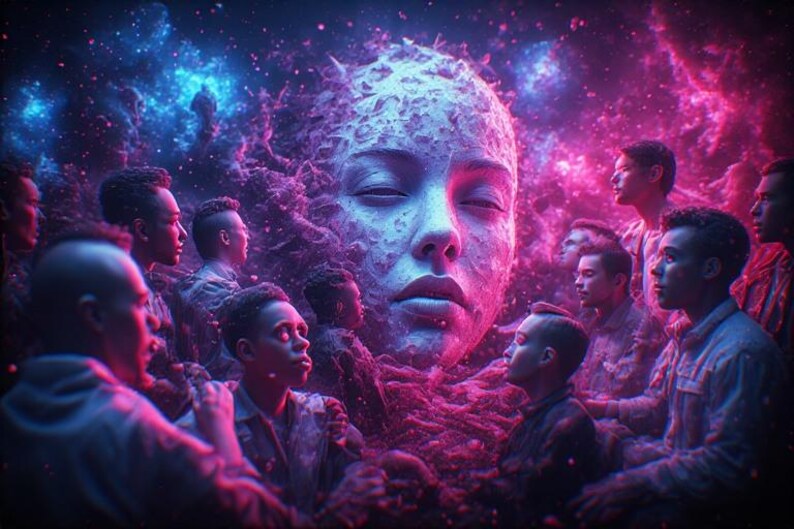 May include: A digital art piece featuring a large, serene face surrounded by a nebula of pink and blue hues. Several individuals are positioned around the face, gazing upwards. The artwork evokes a sense of wonder and cosmic connection.