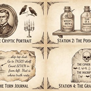 K&ouml;nnte beinhalten: Eine vierteilige grafische Anleitung auf Pergamentpapier. Station 1 zeigt ein Portr&auml;t, einen Totenkopf, eine Uhr und einen Kandelaber. Station 2 zeigt drei beschriftete Fl&auml;schchen auf einem Regal. Station 3 zeigt ein B&uuml;cherregal mit Textanweisungen. Station 4 zeigt einen Grabstein mit einem Chiffrierschl&uuml;ssel.