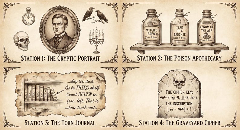 K&ouml;nnte beinhalten: Eine vierteilige grafische Anleitung auf Pergamentpapier. Station 1 zeigt ein Portr&auml;t, einen Totenkopf, eine Uhr und einen Kandelaber. Station 2 zeigt drei beschriftete Fl&auml;schchen auf einem Regal. Station 3 zeigt ein B&uuml;cherregal mit Textanweisungen. Station 4 zeigt einen Grabstein mit einem Chiffrierschl&uuml;ssel.