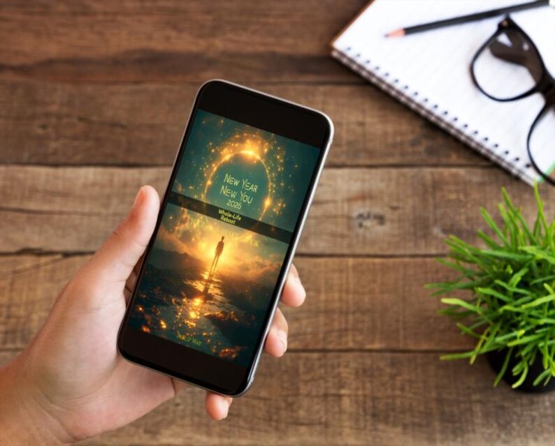 Może przedstawiać: Smartfon wyświetla motywacyjny obraz z tekstem "New Year New You 2026 Whole-Life Reboot". Telefon trzymany jest w dłoni, na tle drewnianego biurka, notatnika, okular&oacute;w, oł&oacute;wka i małej rośliny.