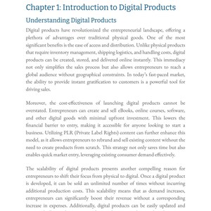 Puede incluir: Una p&aacute;gina de un libro titulado "Quick Profits: Leveraging PLR Content for Fast Sales Success." La p&aacute;gina se titula "Cap&iacute;tulo 1: Introducci&oacute;n a los productos digitales" y trata sobre los beneficios de vender productos digitales, como libros electr&oacute;nicos, cursos en l&iacute;nea y software.