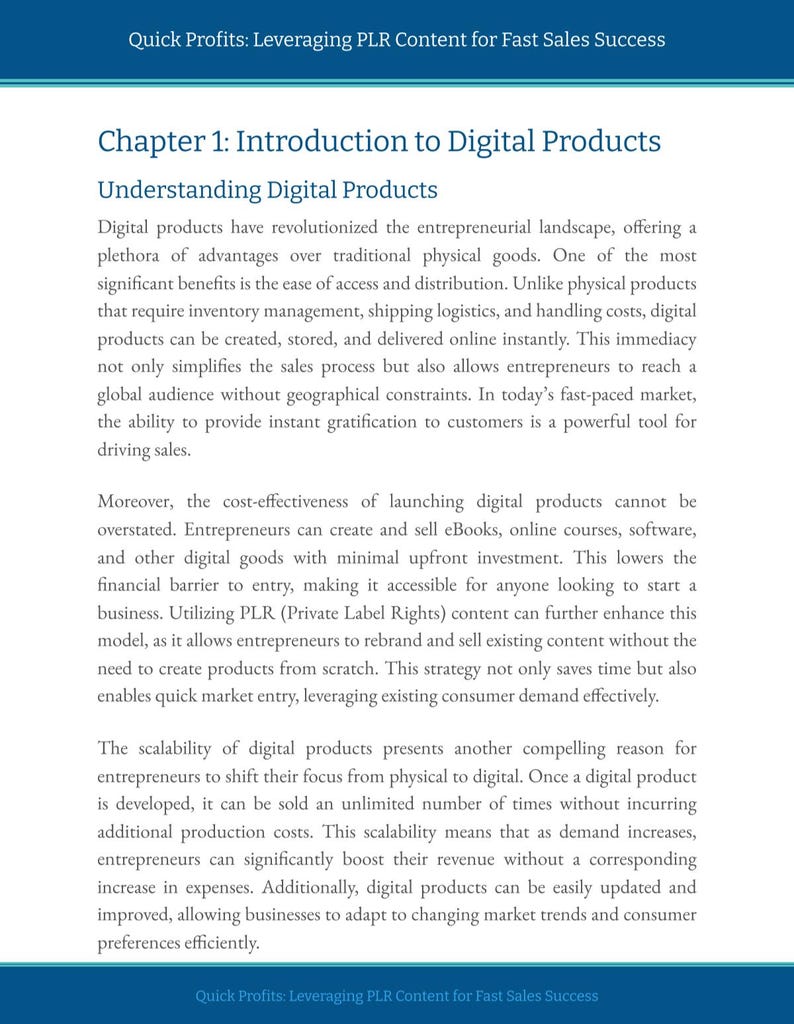 Puede incluir: Una p&aacute;gina de un libro titulado "Quick Profits: Leveraging PLR Content for Fast Sales Success." La p&aacute;gina se titula "Cap&iacute;tulo 1: Introducci&oacute;n a los productos digitales" y trata sobre los beneficios de vender productos digitales, como libros electr&oacute;nicos, cursos en l&iacute;nea y software.