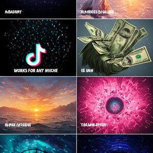 May include: A collage of digital art images. One shows a TikTok logo with the text "WORKS FOR ANY NICHE". Other images include a woman in a dress, a sunset, a pile of money, and two eyes. The text "ABADANT", "ISE BAIN", "VAGE DETGOU", "TEAMES-OTCU", "NCRETOSKONI", and "IN CERVORERE" are also present.