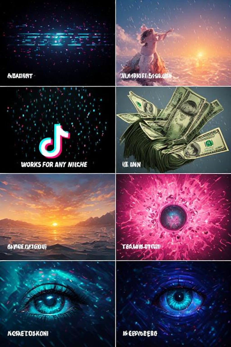 May include: A collage of digital art images. One shows a TikTok logo with the text "WORKS FOR ANY NICHE". Other images include a woman in a dress, a sunset, a pile of money, and two eyes. The text "ABADANT", "ISE BAIN", "VAGE DETGOU", "TEAMES-OTCU", "NCRETOSKONI", and "IN CERVORERE" are also present.