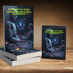 May include: A stack of books and a tablet displaying the cover art of "AI Therapist: Your Guided Journey to Emotional Clarity and Resilience." The cover features a futuristic scene with a robot and a person meditating. The tablet is on a wooden surface.