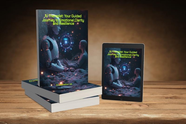 May include: A stack of books and a tablet displaying the cover art of "AI Therapist: Your Guided Journey to Emotional Clarity and Resilience." The cover features a futuristic scene with a robot and a person meditating. The tablet is on a wooden surface.