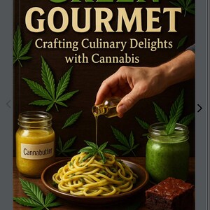 May include: Image of a cookbook cover titled "GREEN GOURMET" with the subtitle "Crafting Culinary Delights with Cannabis." The image features pasta, a jar of cannabutter, and a green smoothie. The author is "Copycat Money Machine."